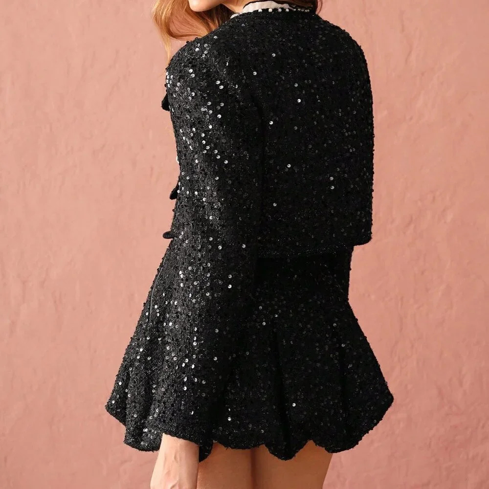 Black Party Women's Romantic Elegant Sequin Cropped Sparkling Tweed Jacket - Picture 8 of 8